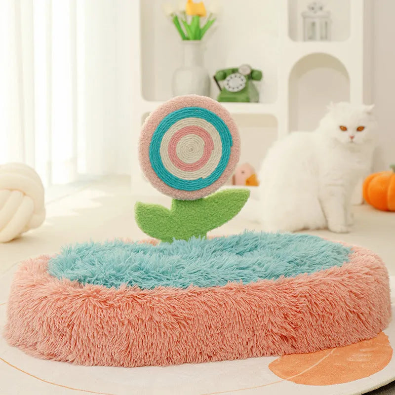 Pink thick plush cat nest bed with high rim and removable cushion in an elliptical lollipop shape.