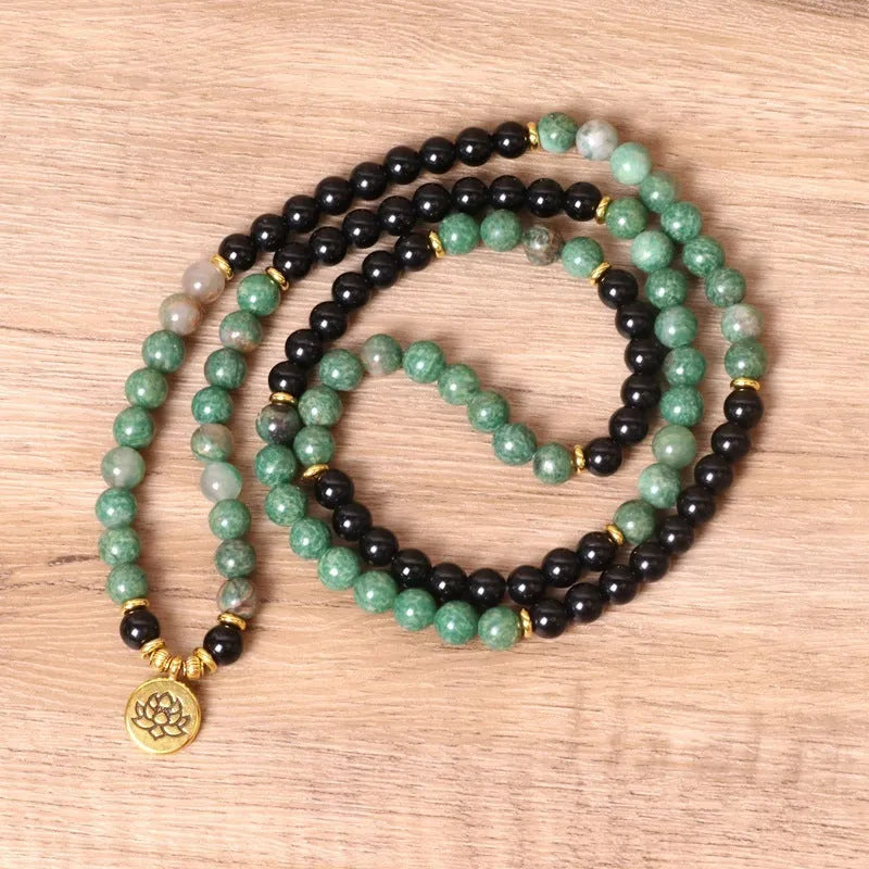 Green and black alloy elastic beaded long bracelet with natural style design