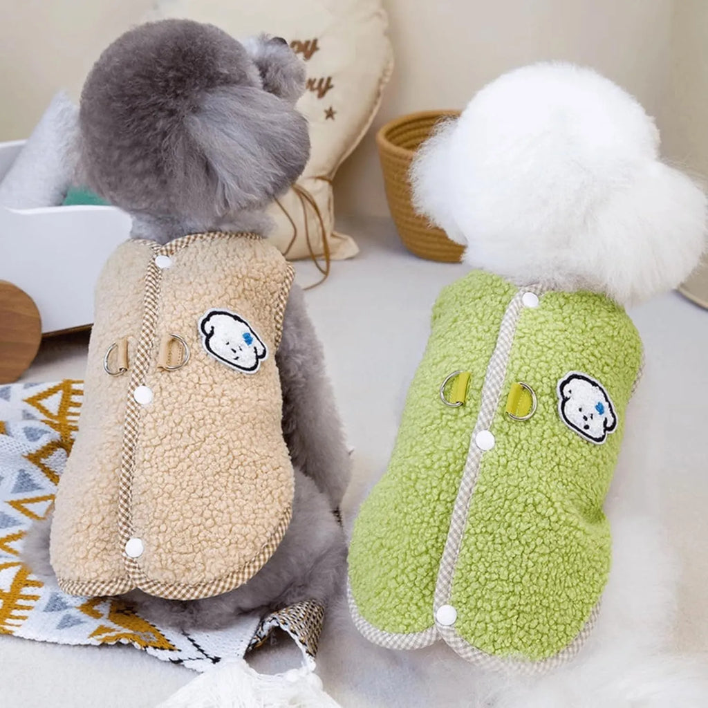 Green thickened coral fleece dog vest with leash ring on a small dog