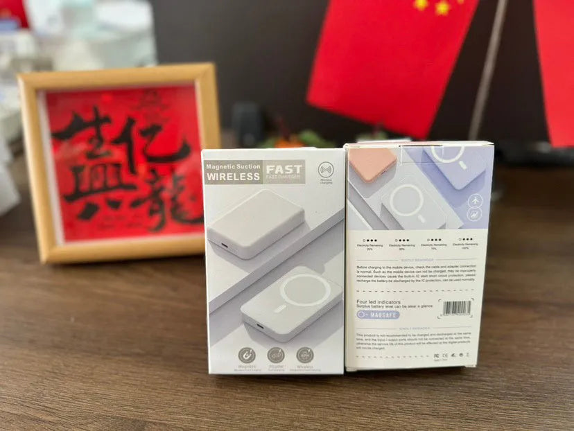 White magnetic wireless charger power bank with foot-shaped design showing dimensions