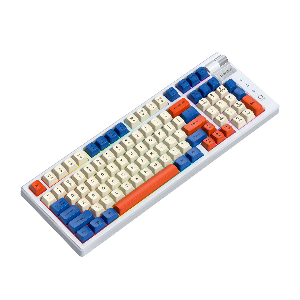 Bluetooth mechanical gaming keyboard with USB-C charging port and dual-colour Blue Orange or Black And Red options