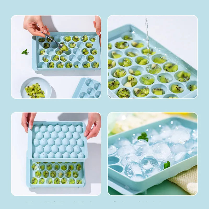Sky blue and pink round ball ice cube trays showing 18 and 33 grid options