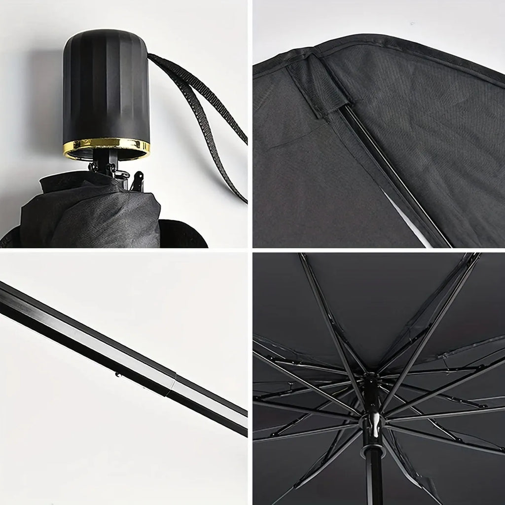 Foldable car windshield sunshade umbrella shown open and folded, with automatic rebound button.