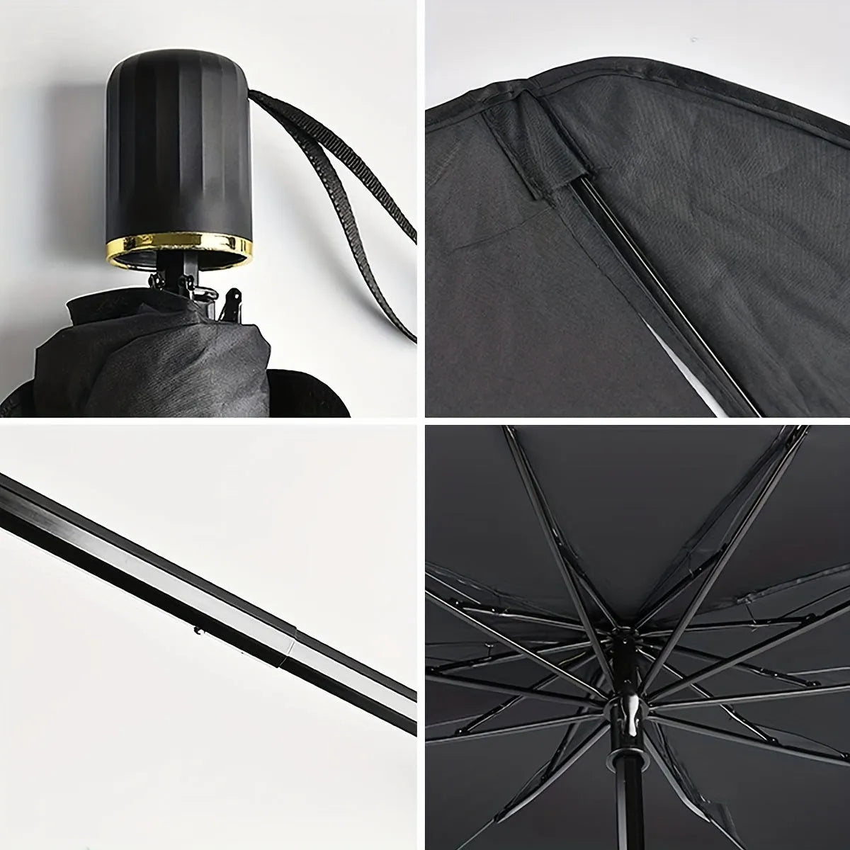 Foldable car windshield sunshade umbrella shown open and folded, with automatic rebound button.