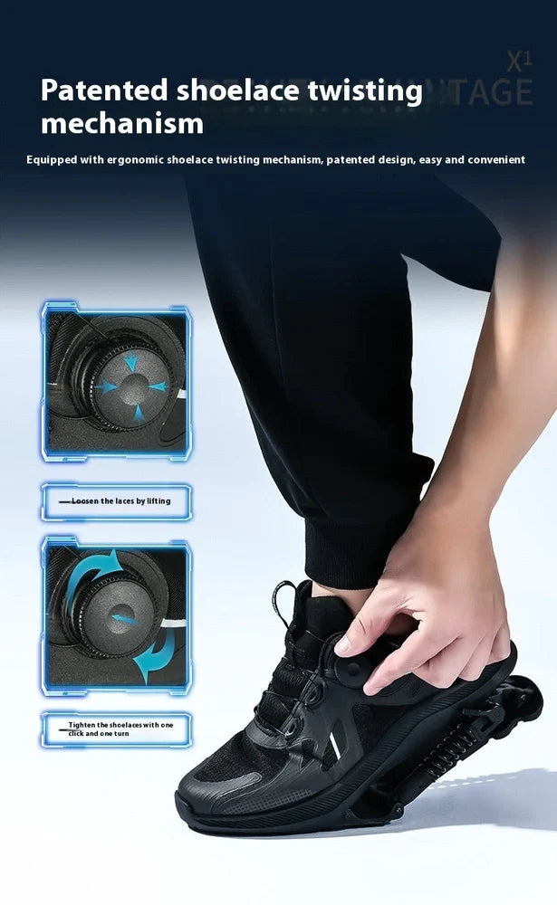 Black mechanical power running shoes with mesh upper and rubber sole showing buckle closure system