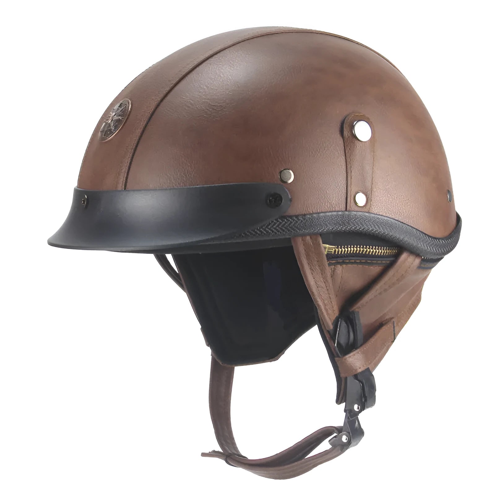 Retro leather half helmet for cruiser motorcycles in black colour showing ABS construction