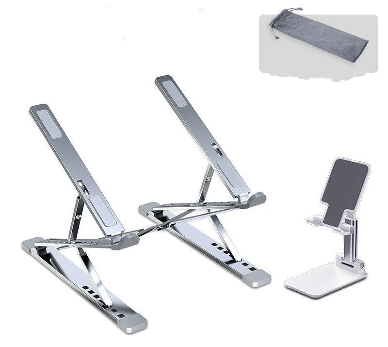 Folding aluminium alloy computer stand bracket in silver with silicone pads, 80 kg static load capacity