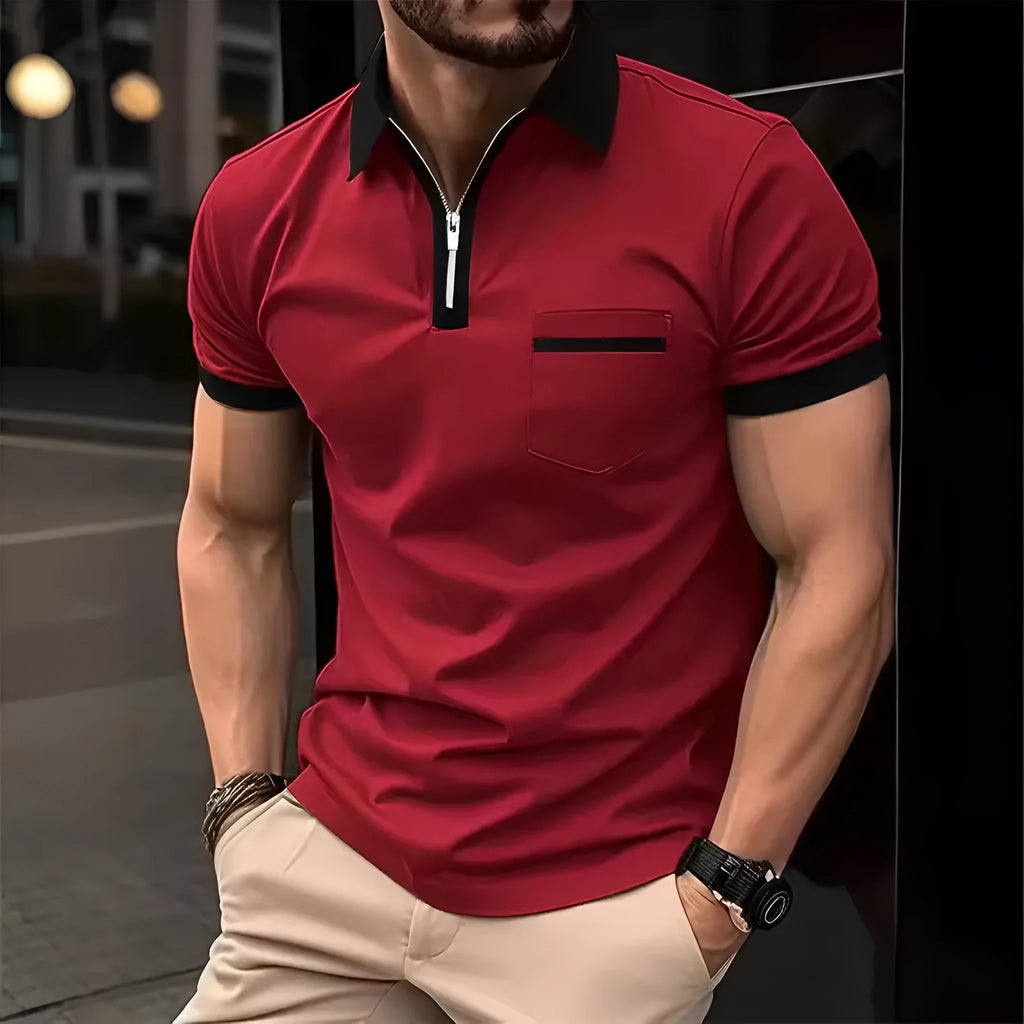 Men's casual short sleeve shirt with chest pocket and zipper decorations in multiple colour options