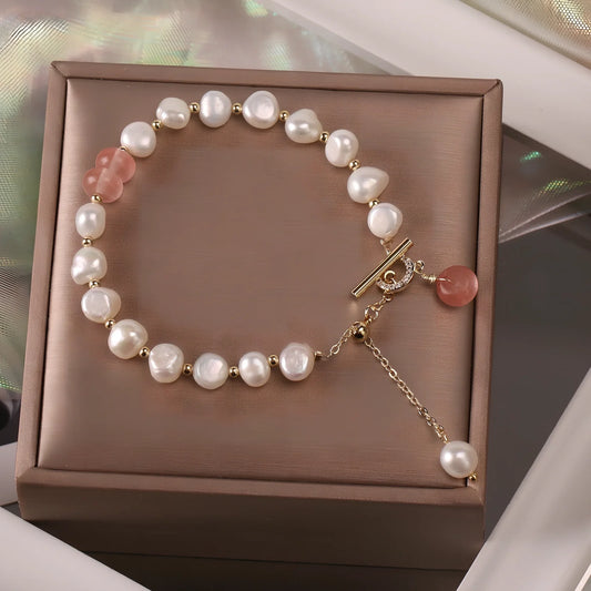 Pink irregular freshwater pearl bracelet on alloy chain, adjustable 16-22cm with 8-12mm beads