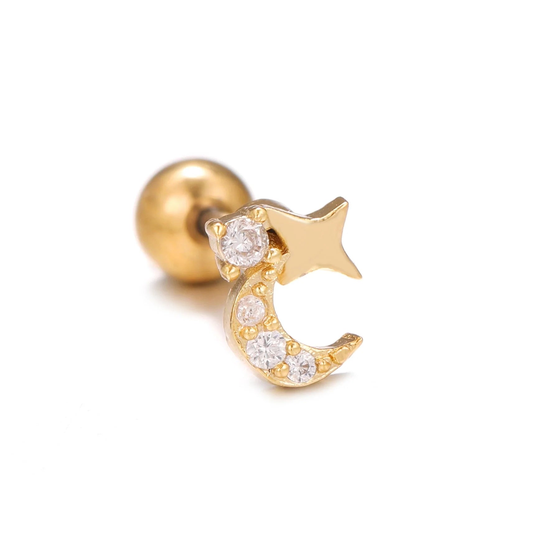 Star and moon cubic zirconia stainless steel cartilage earring in gold and white K options