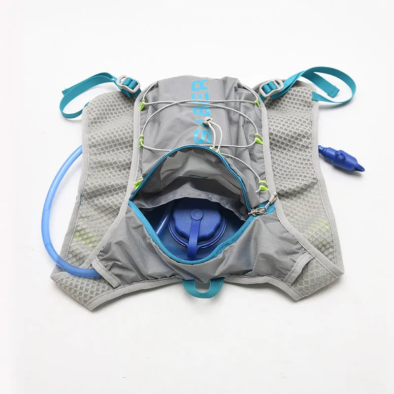 Multifunctional nylon running backpack with reflective strips in blue, purple, black, light grey, orange or cyan.