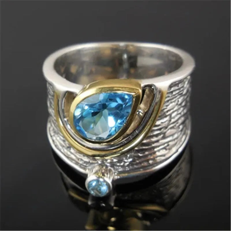 Women's Chinese style blue zircon ring with drop shape design and alloy metal construction