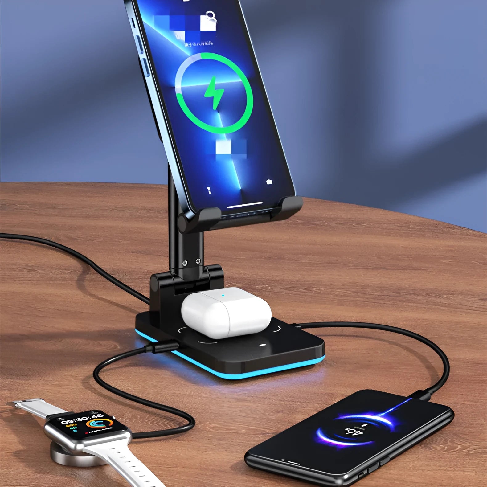 Black desktop wireless charging phone holder standing upright with a mobile phone on it.