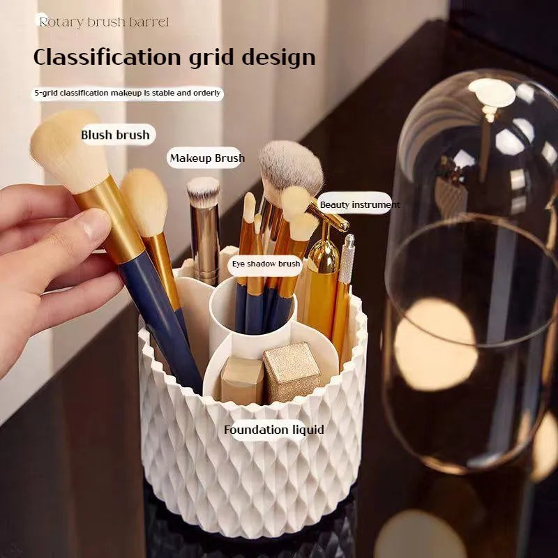 White rotating acrylic makeup brush holder with transparent dust cover showing brush compartments
