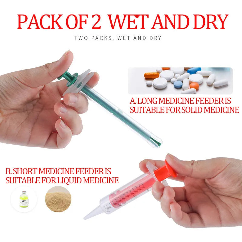 Two pet pill shooters with soft silicone tips in different sizes for administering tablets to cats and dogs