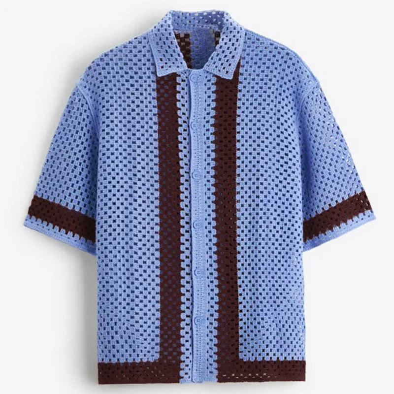 Men's blue hollow knit viscose cardigan with short sleeves and open front, shown on model