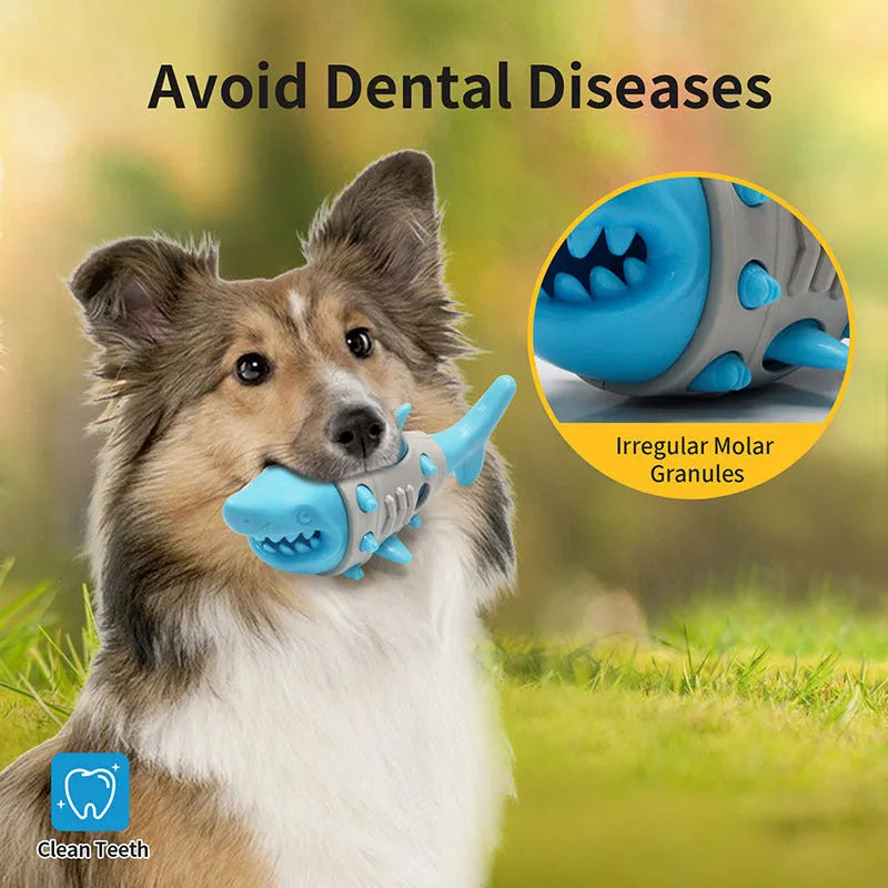 Blue dog teething toy with shark-tooth textured surface and visible air vents for bite-resistant chewing
