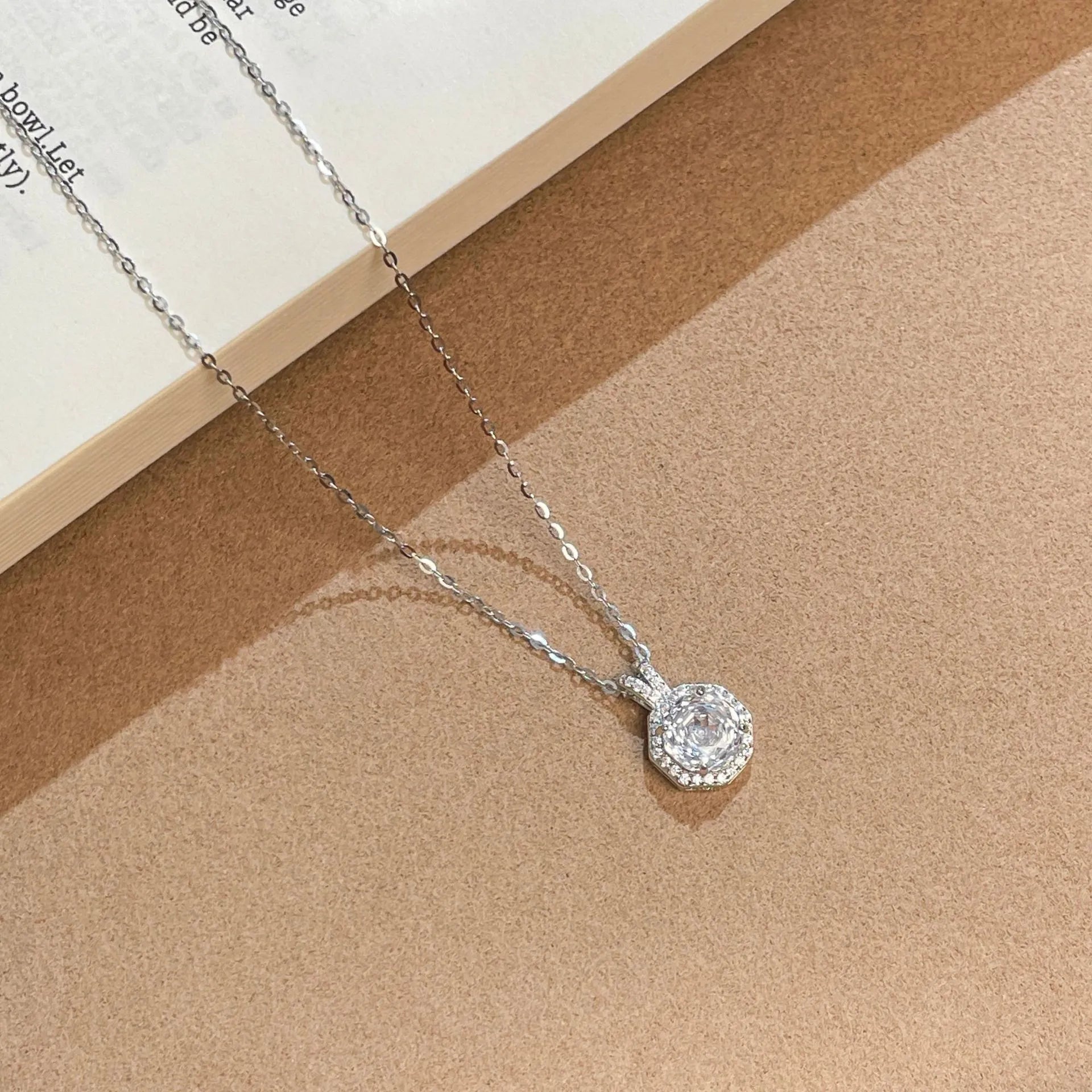 925 silver octagonal rose cut zircon collarbone chain necklace on model, platinum-white electroplated finish