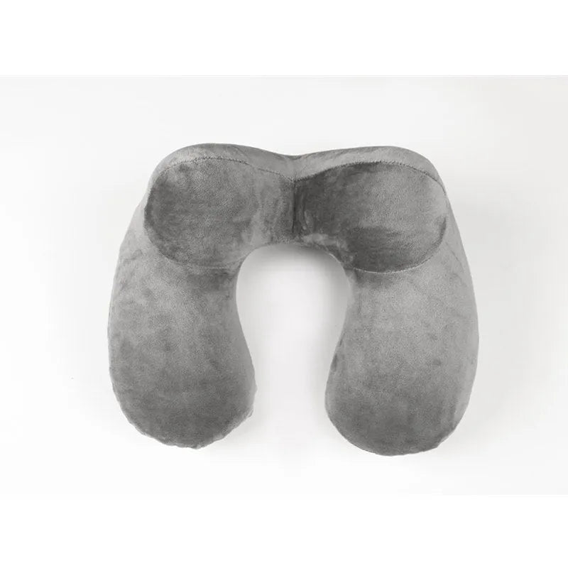 U-shape travel pillow in grey and blue for neck support on journeys