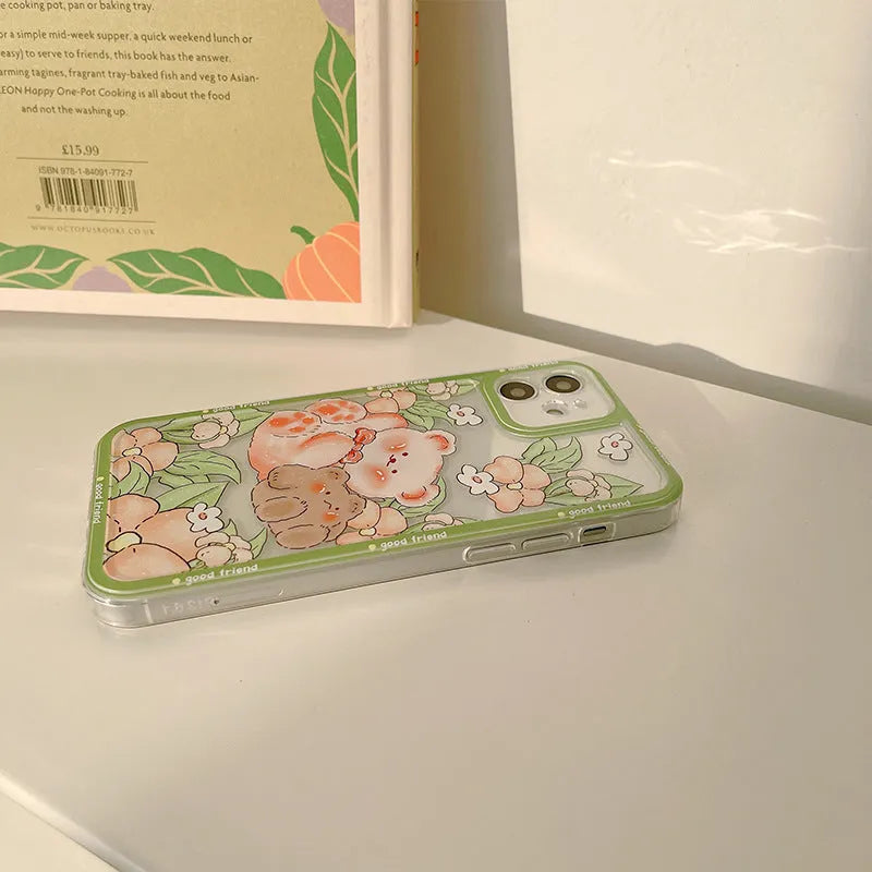 Transparent TPU phone case with hand-painted bear and floral design for iPhone 13