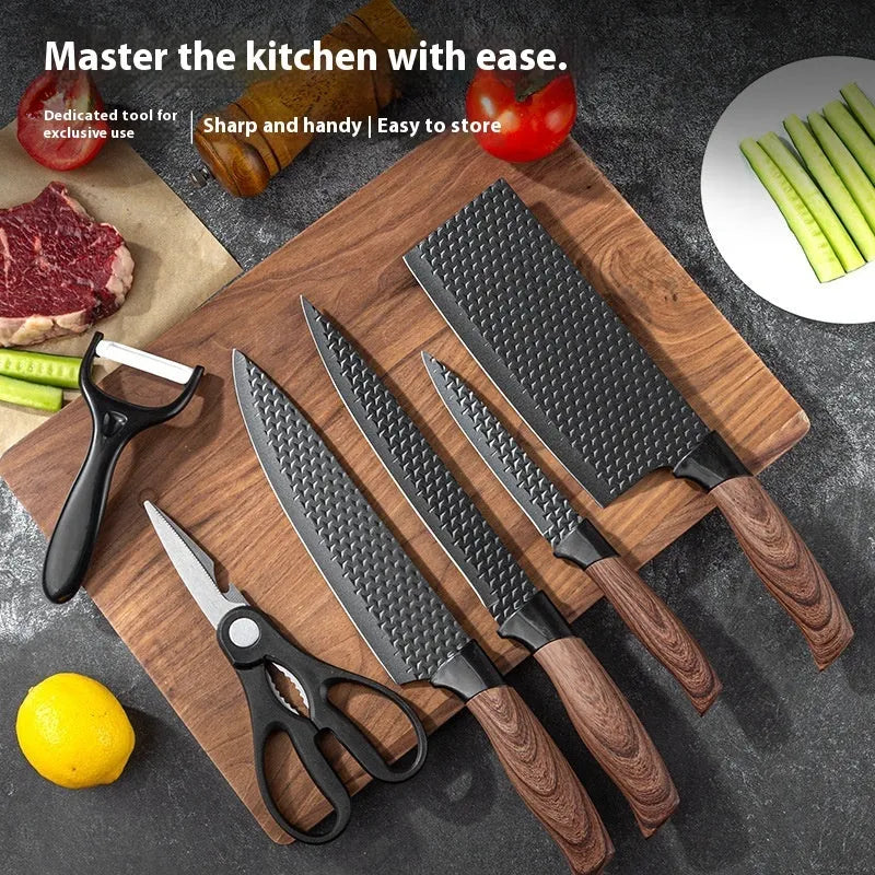 Six kitchen knives with diamond-pattern 2CR13 steel blades and wood grain handles laid out on a surface