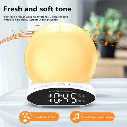White wake-up light alarm clock with sunrise simulation and FM radio features