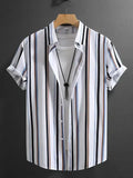 Men's loose fit striped short sleeve shirt with stand collar in chemical blend fabric