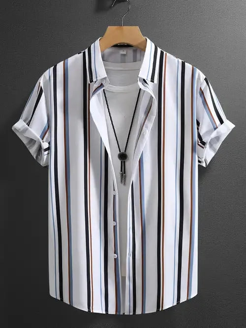 Men's loose fit striped short sleeve shirt with stand collar in chemical blend fabric