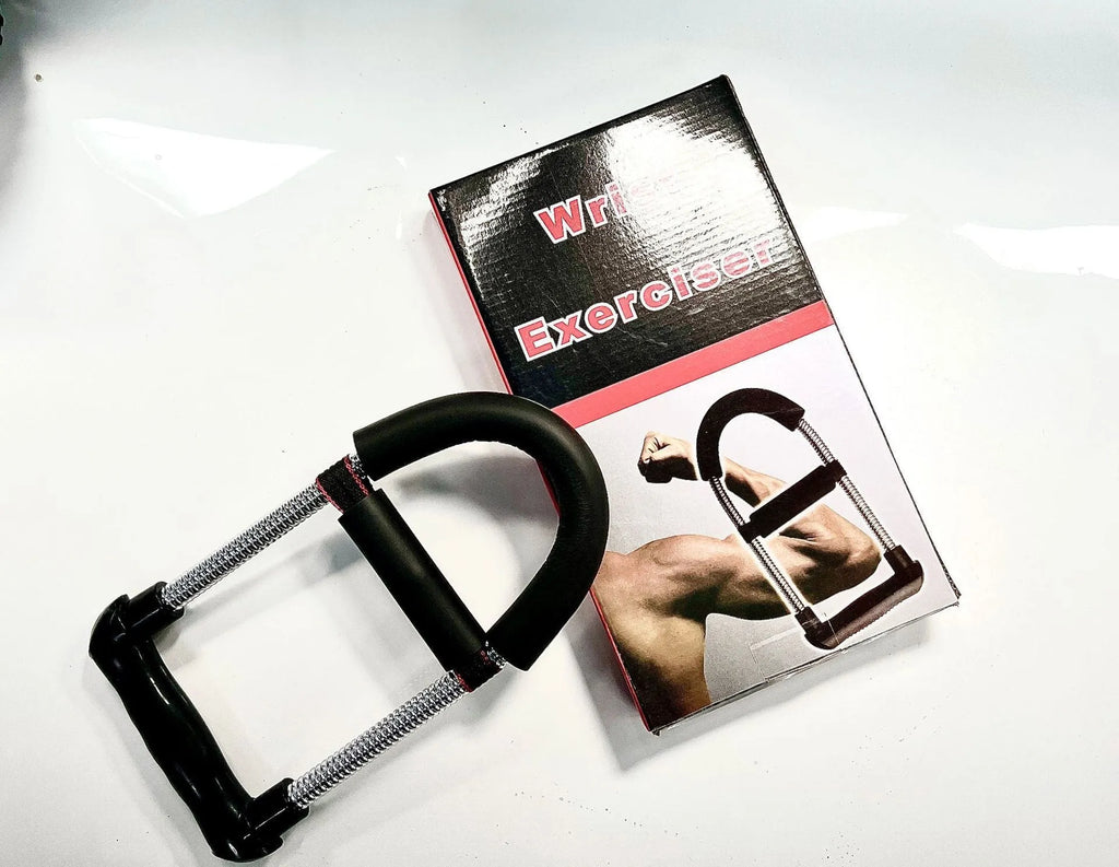Black hand gripper wrist strength device with spring steel coil on neutral background
