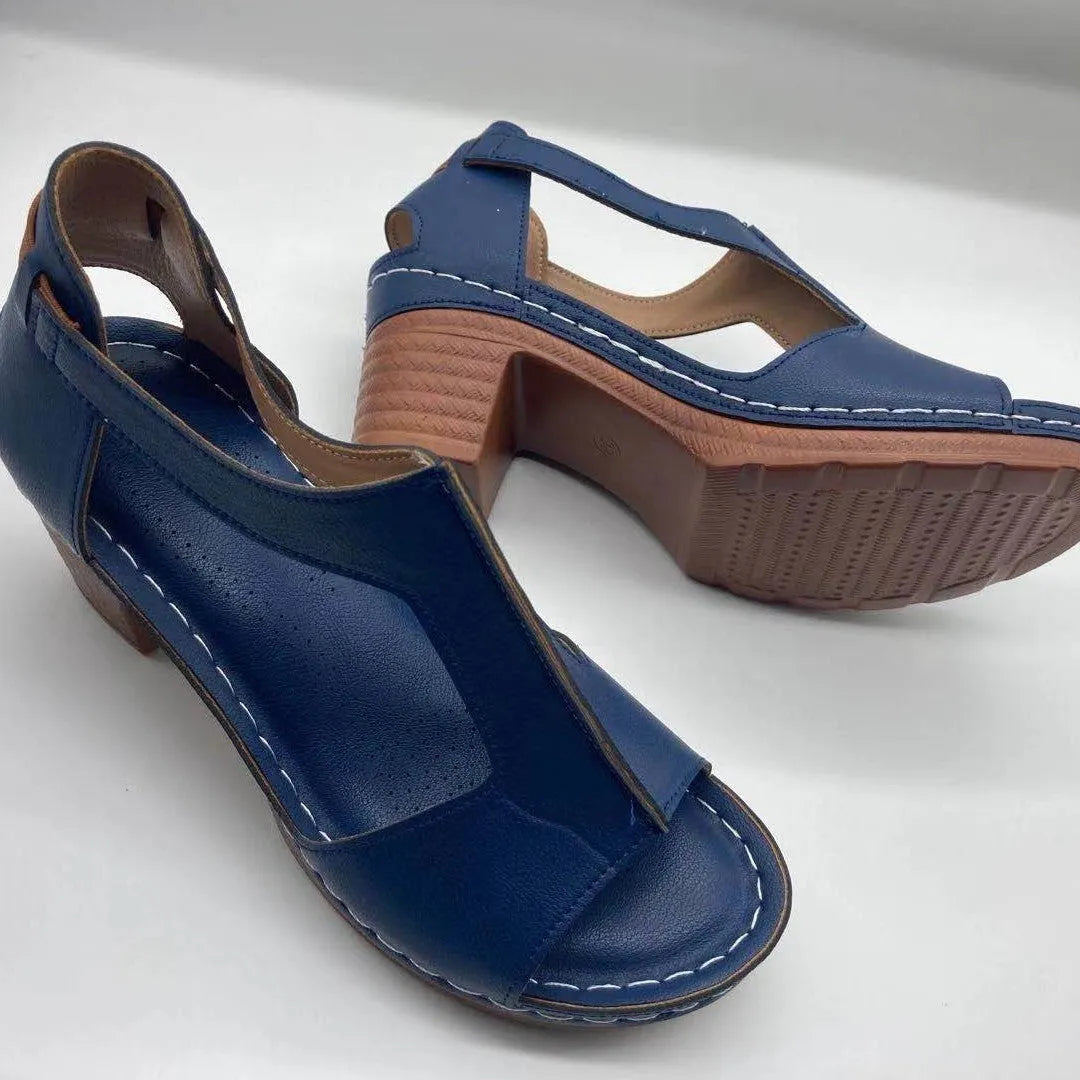 Women's peep toe Roman wedge sandals with buckle strap in light brown