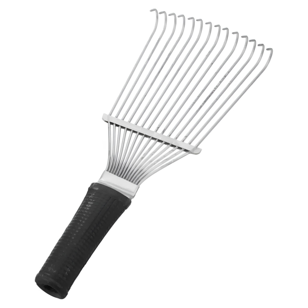 Black stainless steel pet grooming rake comb for dog undercoat and horse hair removal.