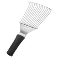 Black stainless steel pet grooming rake comb for dog undercoat and horse hair removal.