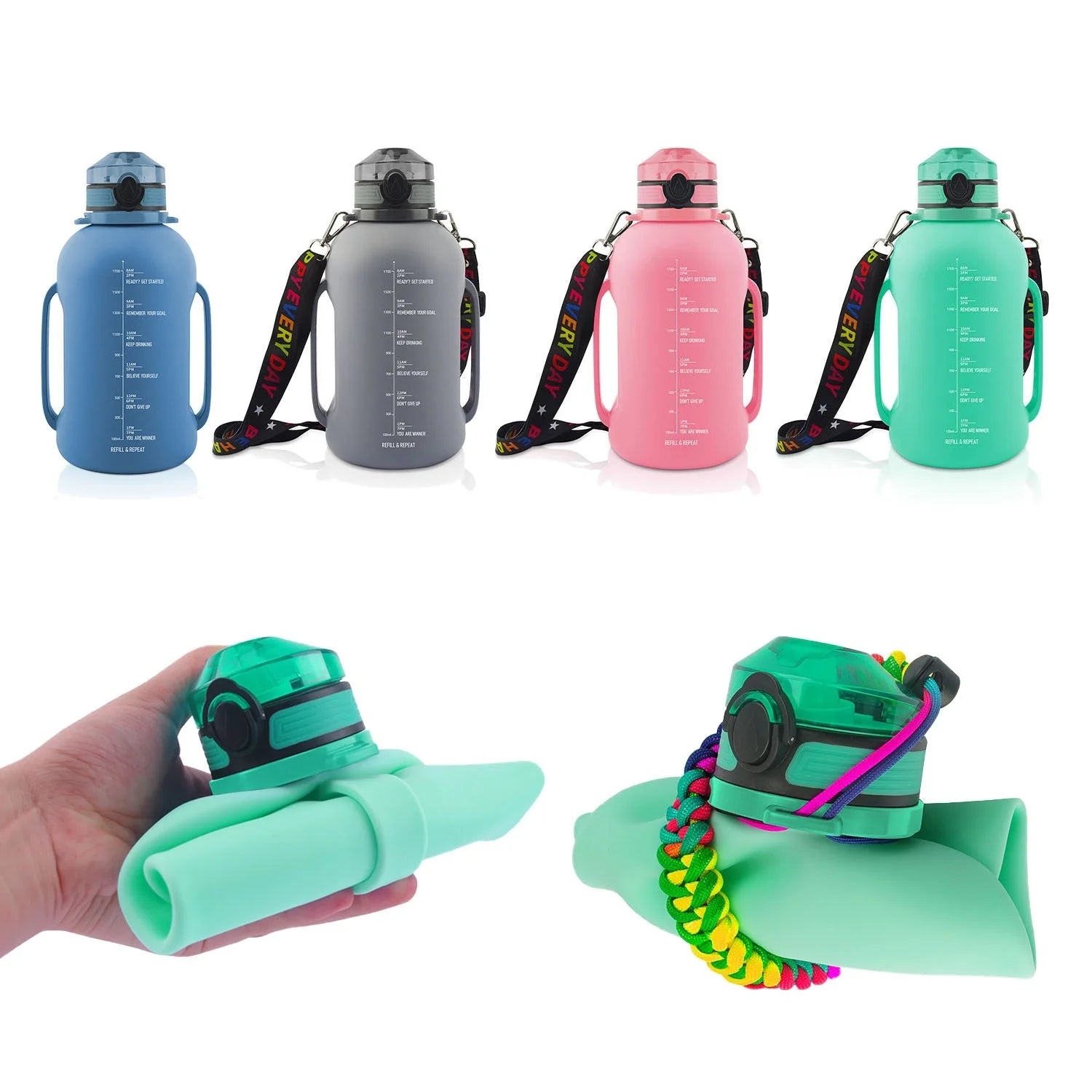 Collapsible silicone water bottle in black, green, and pink, 2000ML capacity