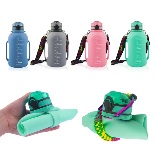 Collapsible silicone water bottle in black, green, and pink, 2000ML capacity