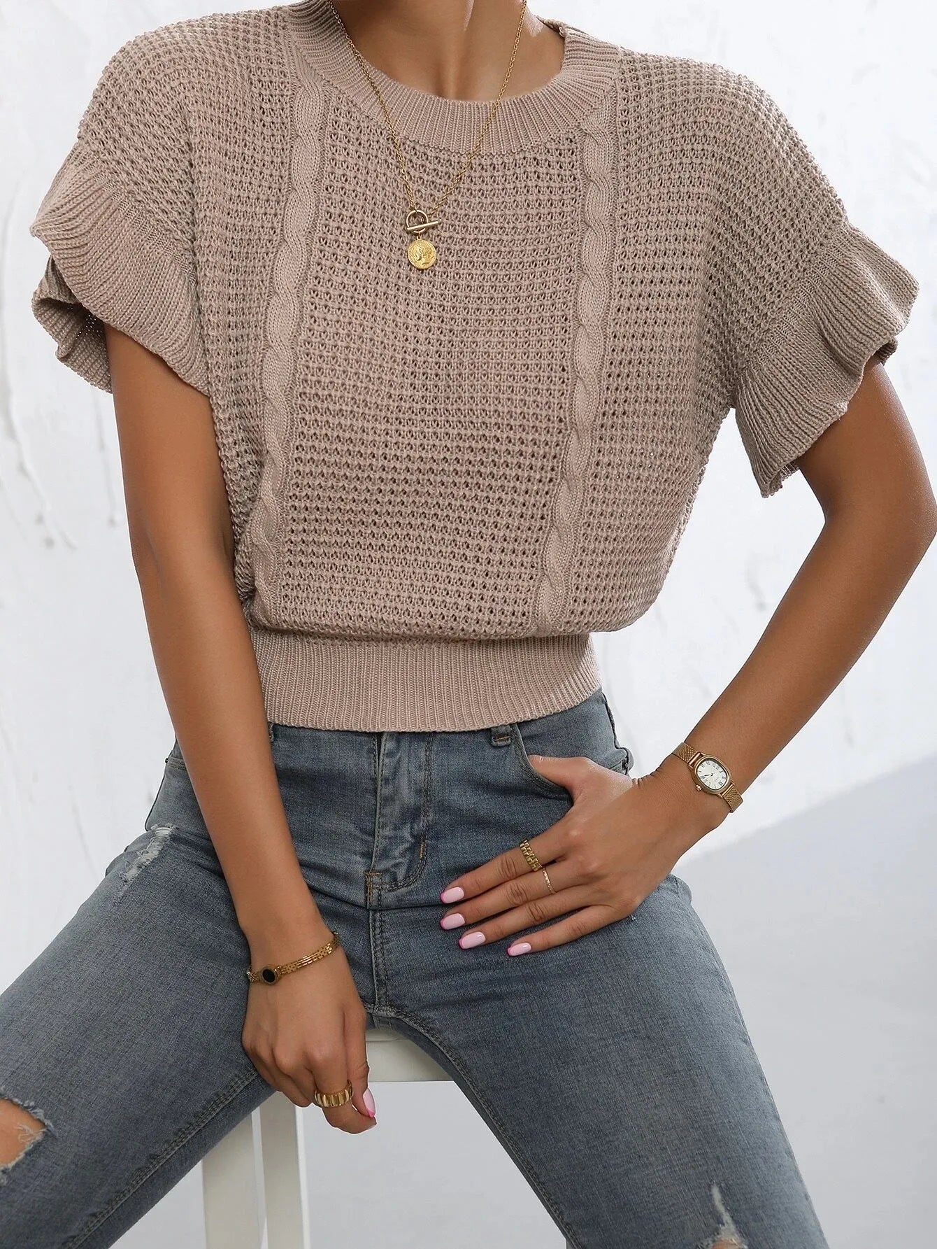 Knitted pullover sweater with twisted string ruffled short sleeves in Japanese Korean casual style