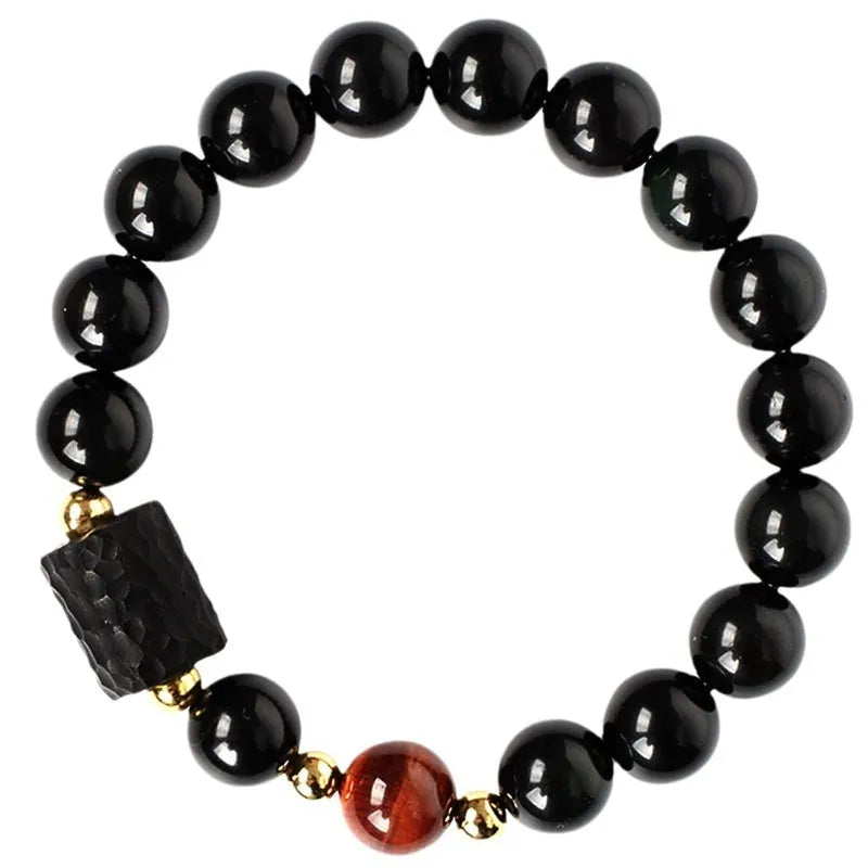 Handmade obsidian bracelet with red and yellow tiger eye stone beads