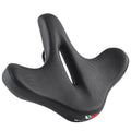 Black leather bicycle saddle cushion with thick foam padding on a bike seat.