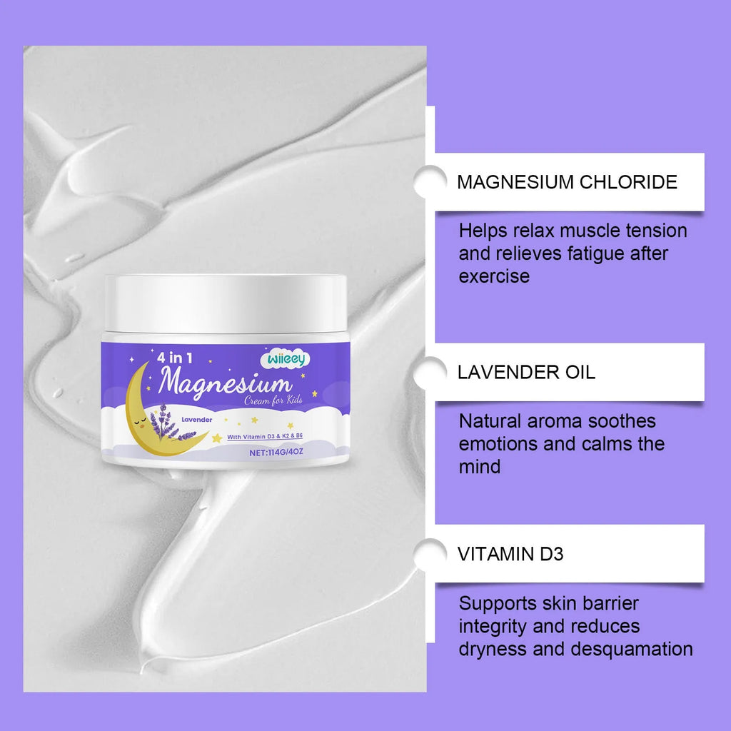 4 in 1 magnesium cream for kids in 114g jar with vitamin D3 K2 B6 and lavender oil
