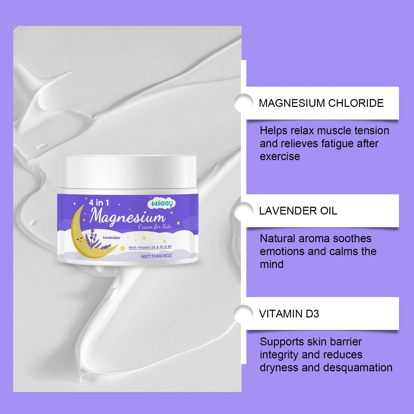 4 in 1 magnesium cream for kids in 114g jar with vitamin D3 K2 B6 and lavender oil