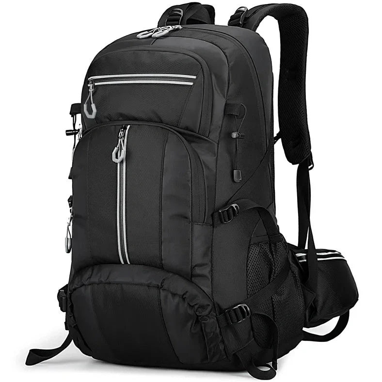Black 50-litre fishing backpack with multiple compartments and external attachment points for fishing rods