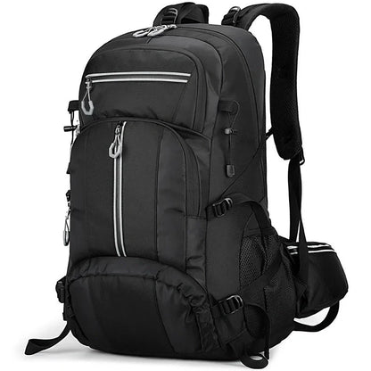 Black 50-litre fishing backpack with multiple compartments and external attachment points for fishing rods