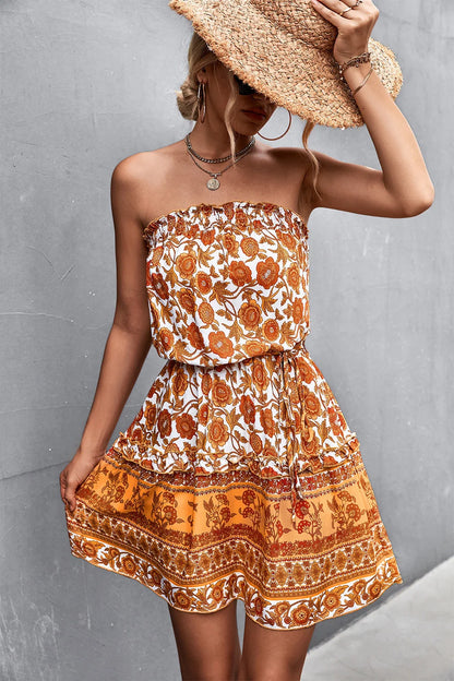Women's bohemian floral print strapless dress for summer beach wear in black and orange