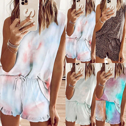 Sleeveless round neck print tie-dye suit in vibrant colours for summer fashion