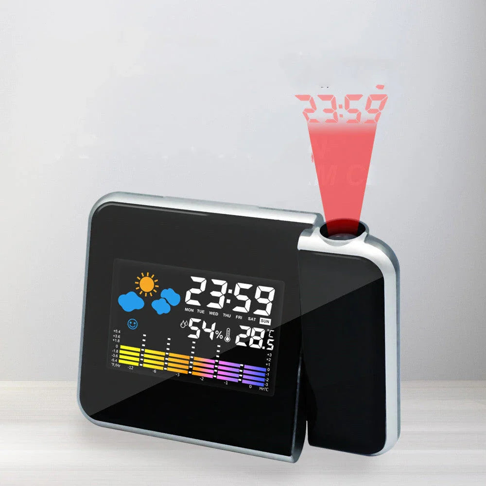 Multifunctional digital projection alarm clock with temperature, humidity, and weather forecast display