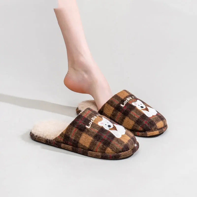 Plush cotton indoor slippers in chestnut coffee colour with fluffy texture and non-slip sole