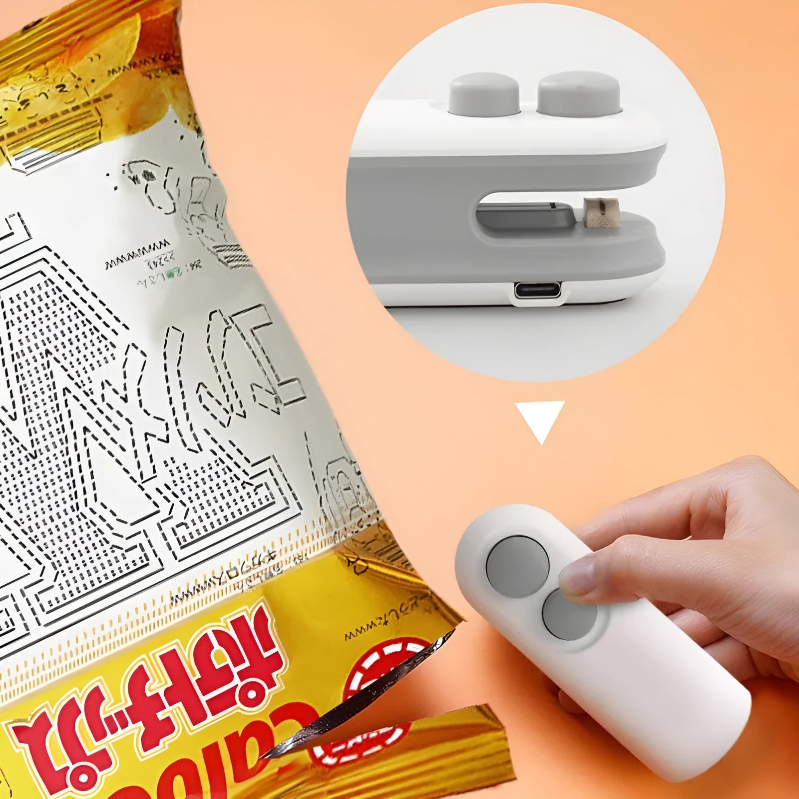White handheld vacuum sealing machine with magnetic back and cutter blade for chip bags