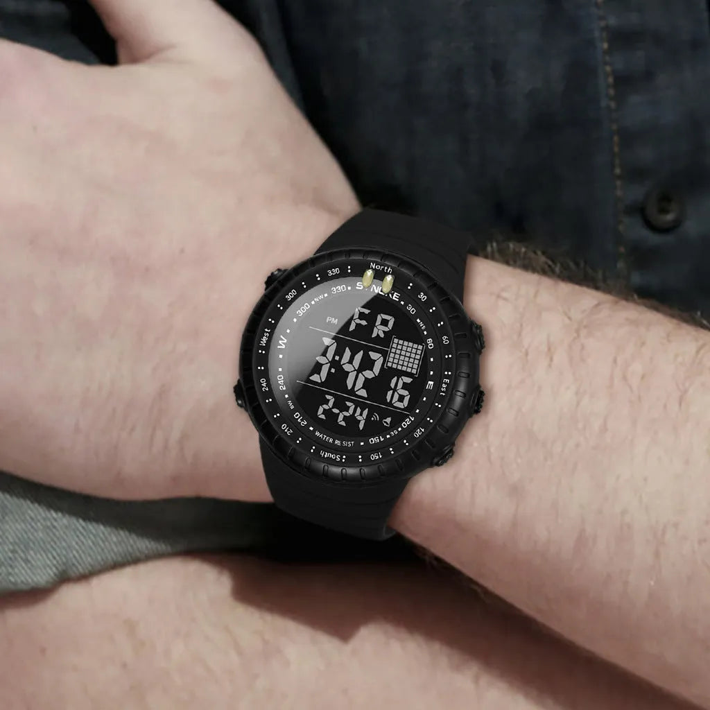 Black waterproof outdoor electronic watch for men with large plastic case and PU strap.
