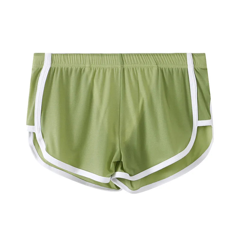 Men's ice silk mesh sports boxer briefs in black, shown laid flat to detail low waist and thin fabric.