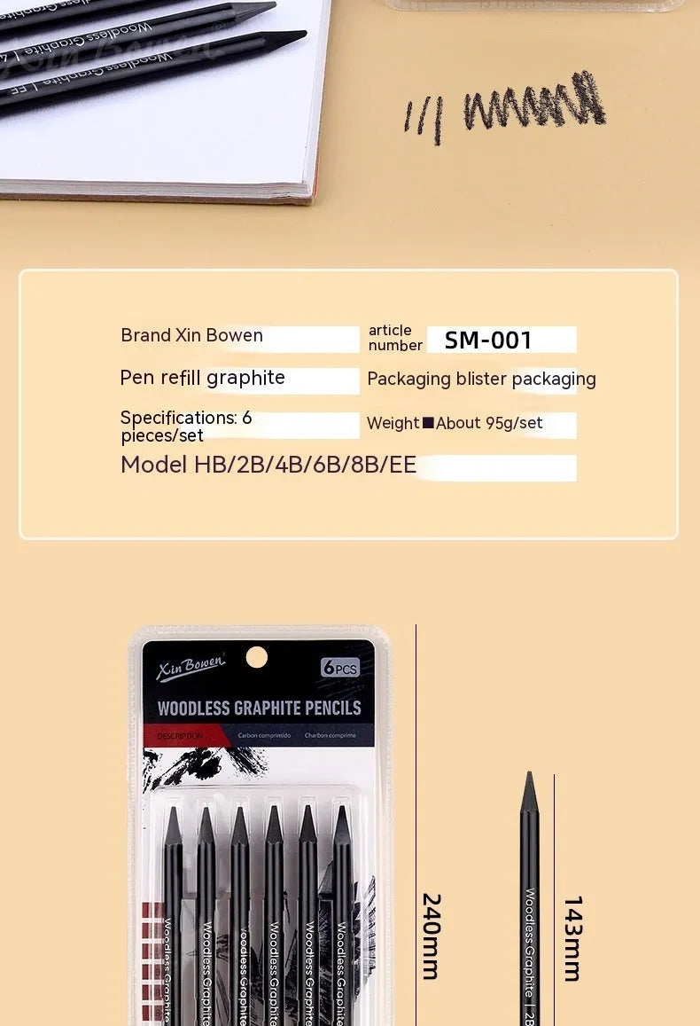Set of six wood-free graphite art pencils with different grade markings: HB, 2B, 4B, 6B, 8B, and EE.