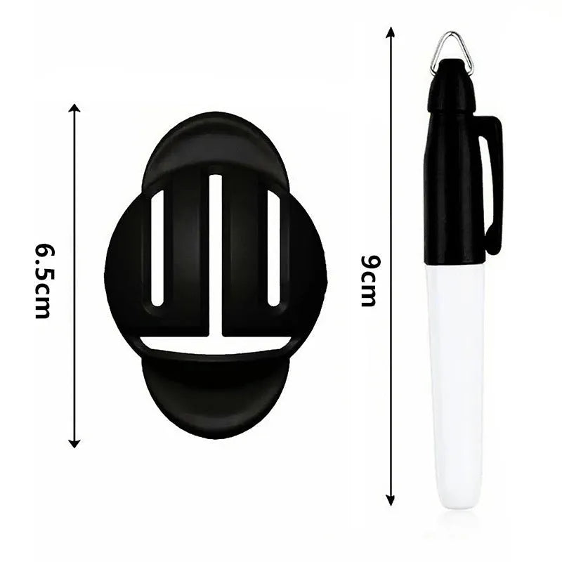 Golf putting alignment scriber tool and drawing pen set on a green background.